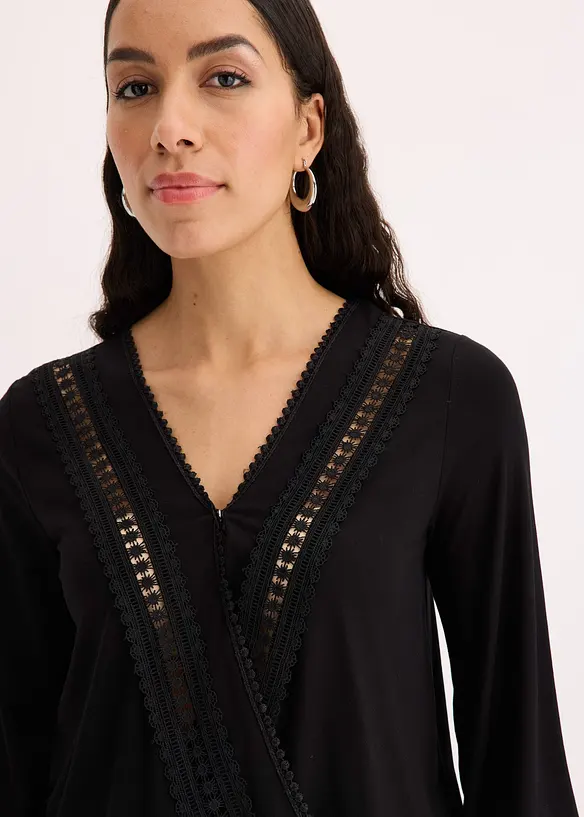 Maglia effetto a portafoglio con maniche a 3/4 e pizzo, bonprix
