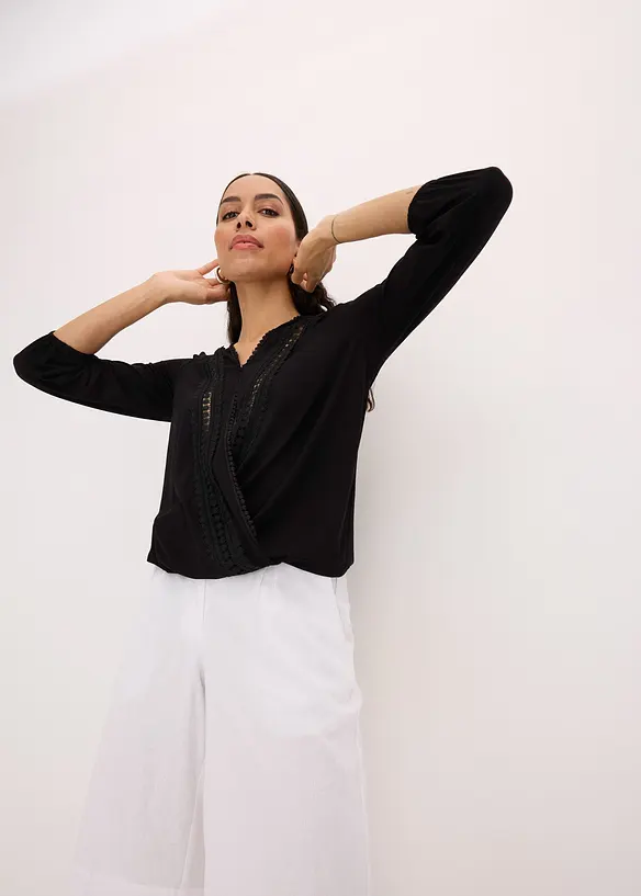 Maglia effetto a portafoglio con maniche a 3/4 e pizzo, bonprix