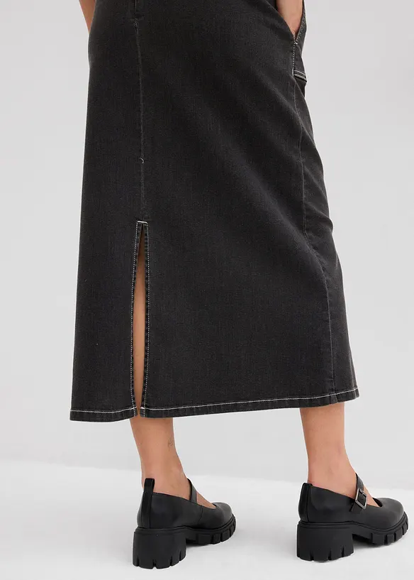 Gonna di jeans lunghezza midi, vita media, bonprix