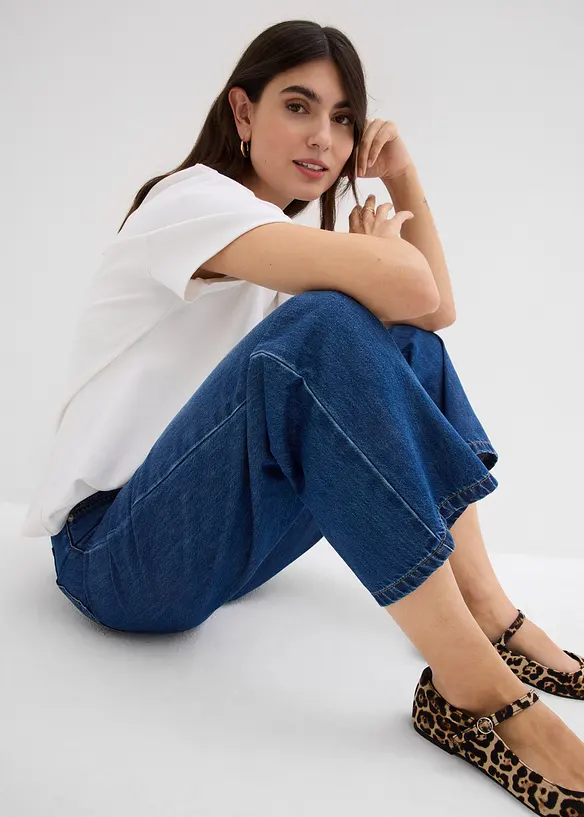 Baggy jeans cropped ultra morbidi, vita media, bonprix