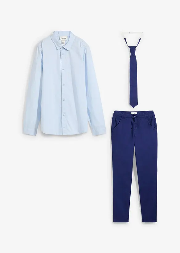 Pantaloni chino, camicia a maniche lunghe e cravatta (set 3 pezzi), bonprix