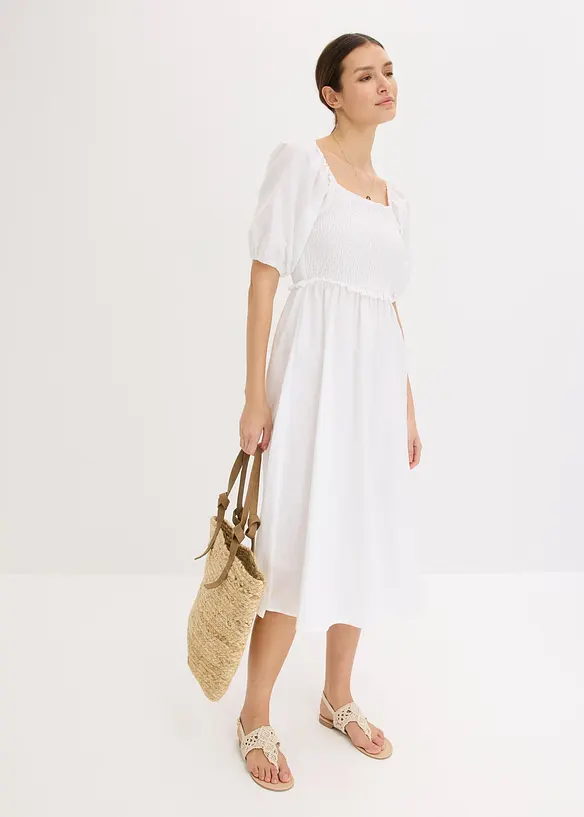 Abito midi con maniche a sbuffo e dettaglio smock, bonprix