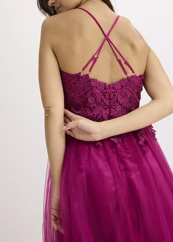 Abito lungo in tulle delicato con pizzo, bonprix