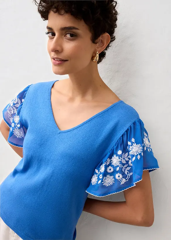 Top in maglia di misto seta con maniche di chiffon, bonprix