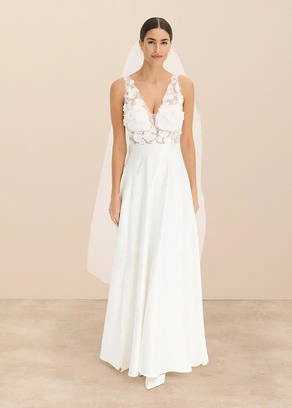 Abito da sposa in satin lucido con applicazione floreale, bonprix