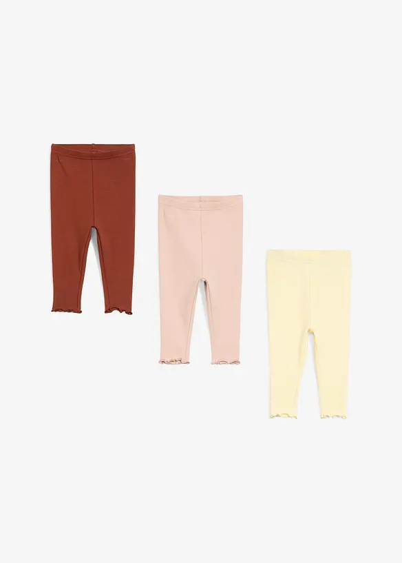 Leggings a coste in cotone biologico con volant (pacco da 3), bonprix