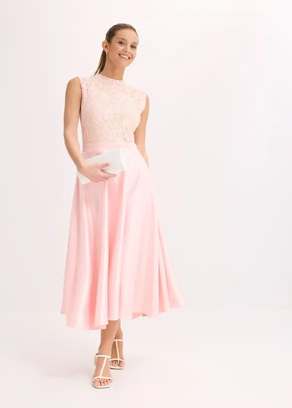 Abito midi in satin lucido con pizzo, bonprix