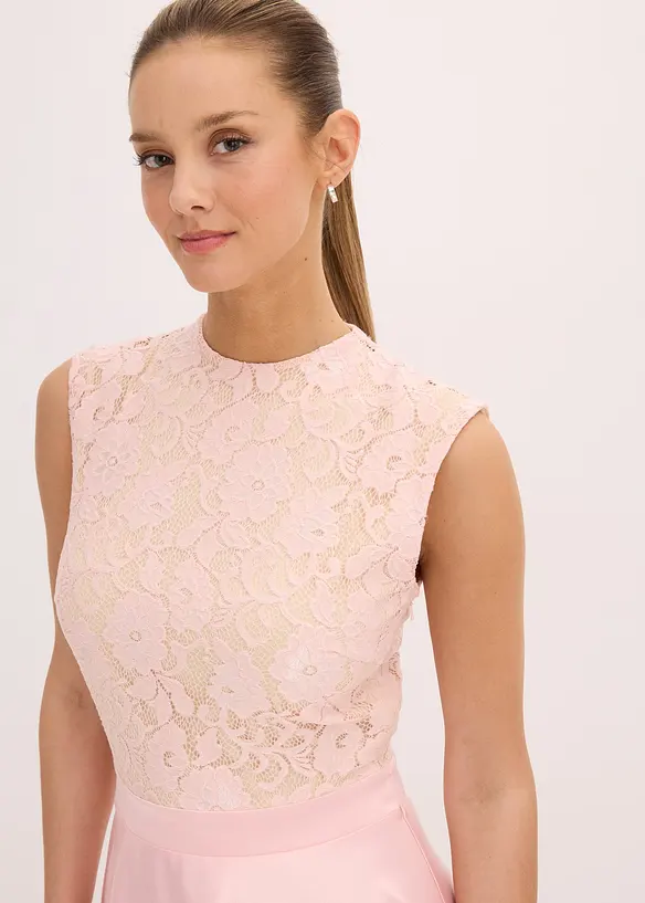 Abito midi in satin lucido con pizzo, bonprix