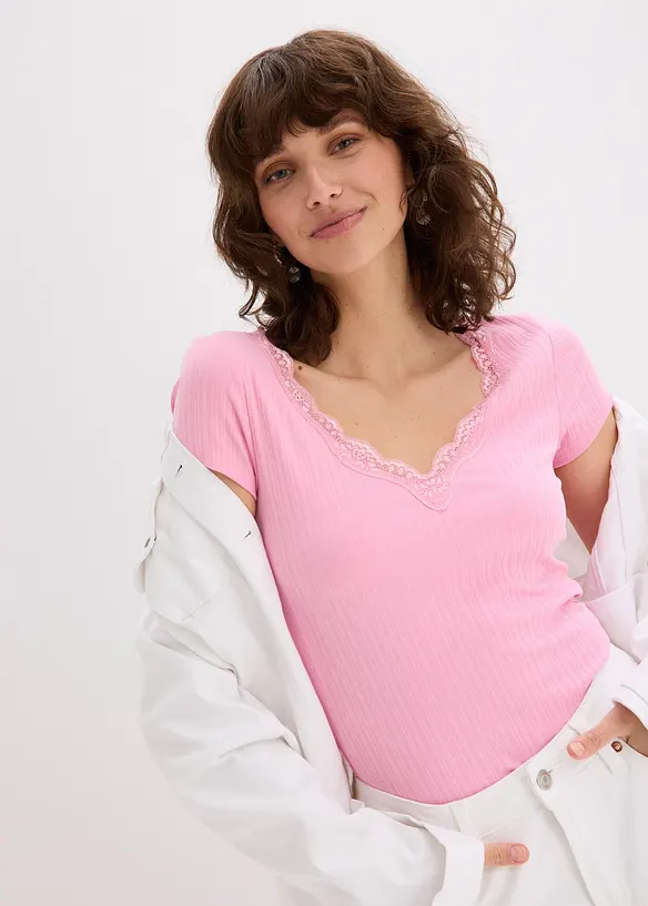 Maglia a costine con dettaglio in pizzo (pacco da 2), bonprix