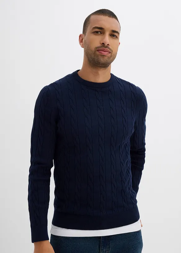 Maglione in filato fine a trecce, slim fit, bonprix