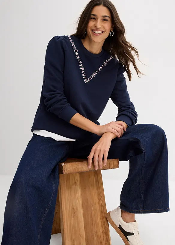 Felpa in misto cotone con ricamo, bonprix