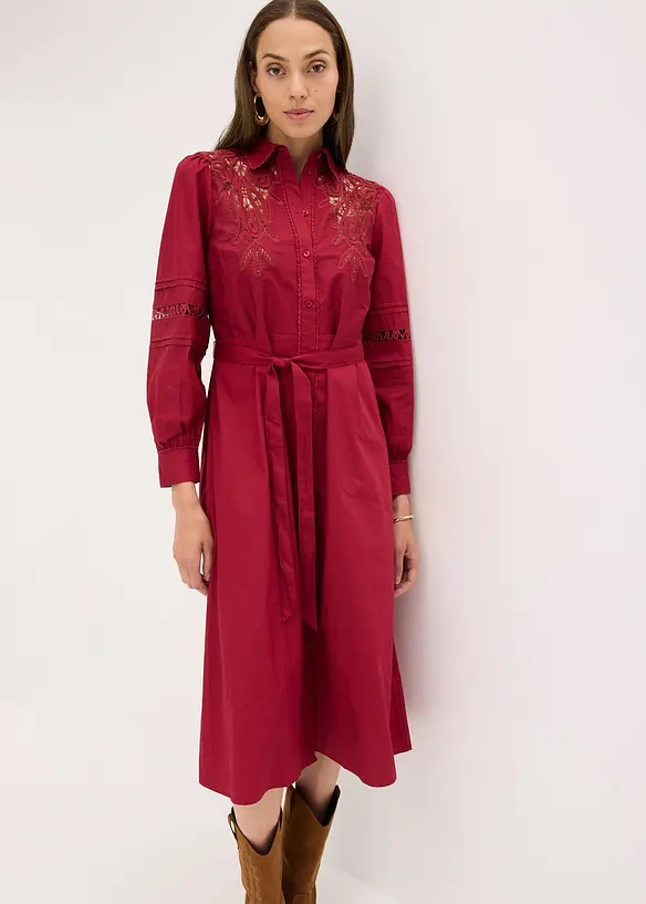 Abito midi di cotone con inserti di pizzo, bonprix