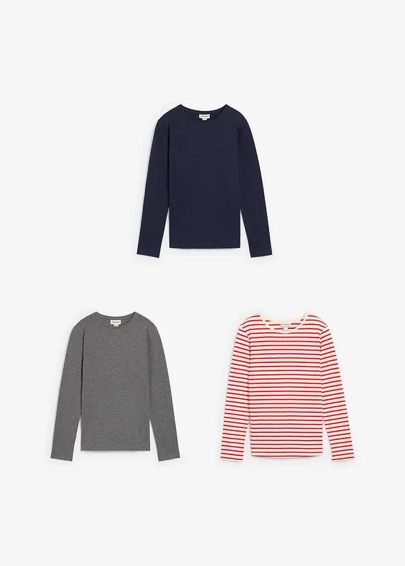 Maglia a maniche lunghe in puro cotone biologico (pacco da 3), bonprix