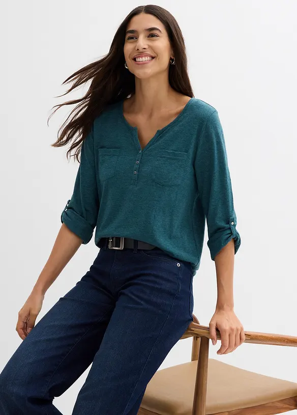 Maglia serafino in cotone con bottoni, bonprix