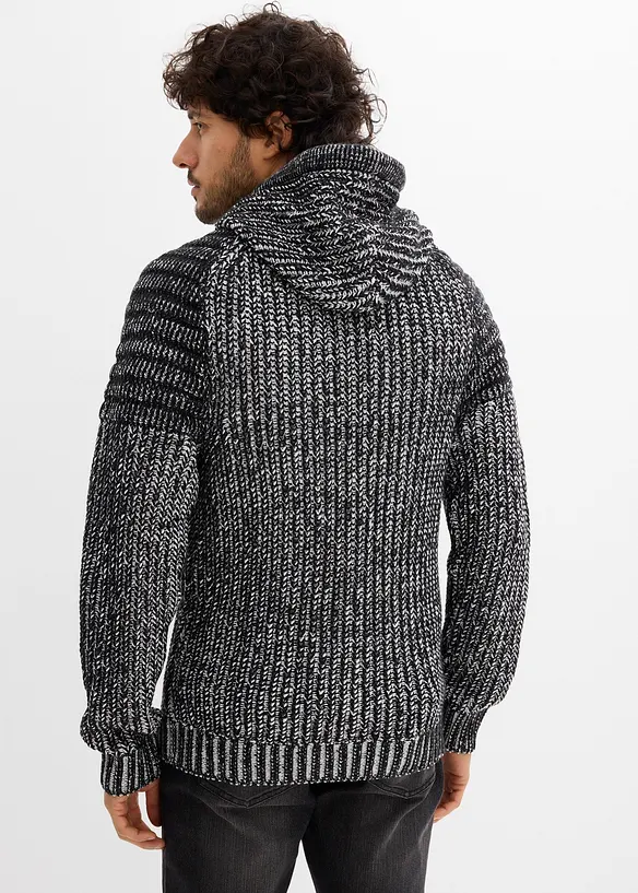 Maglione in filato grosso con cappuccio e dettagli stile biker, bonprix