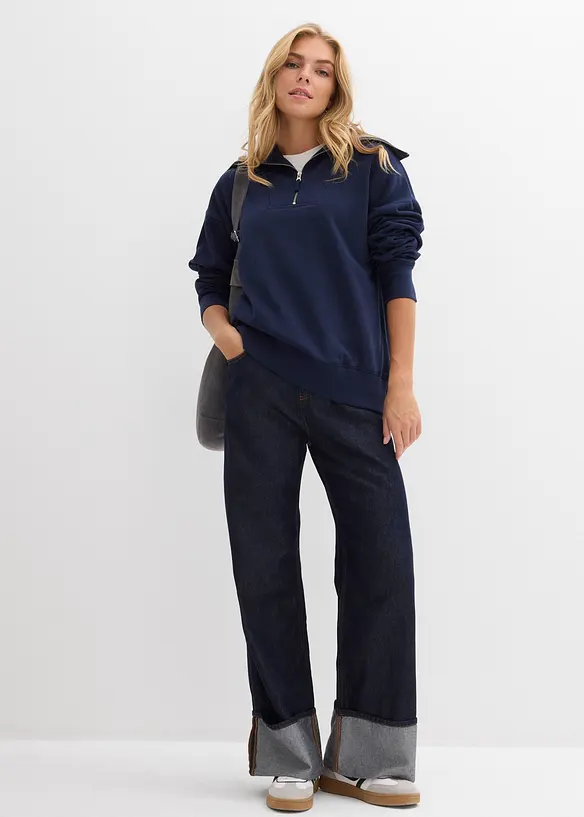 Felpa a collo ampio con zip in misto cotone morbido, bonprix