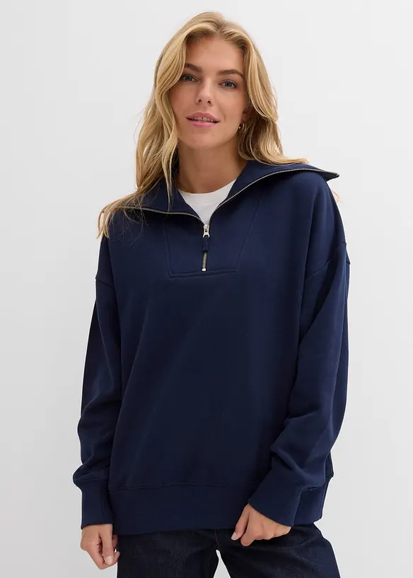 Felpa a collo ampio con zip in misto cotone morbido, bonprix