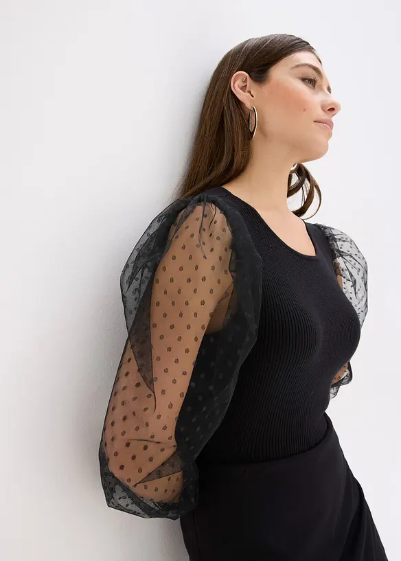 Maglione in filato fine con maniche in mesh, bonprix