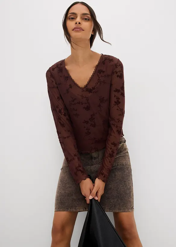 Maglia a maniche lunghe con motivo floccato, bonprix