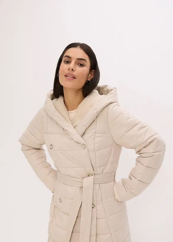Cappotto trapuntato con inserto in simil lana e cintura da annodare, bonprix