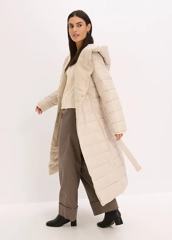 Cappotto trapuntato con inserto in simil lana e cintura da annodare, bonprix