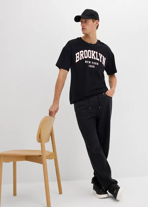 Pantaloni svasati con elastico in vita in twill di puro cotone, relaxed fit, bonprix