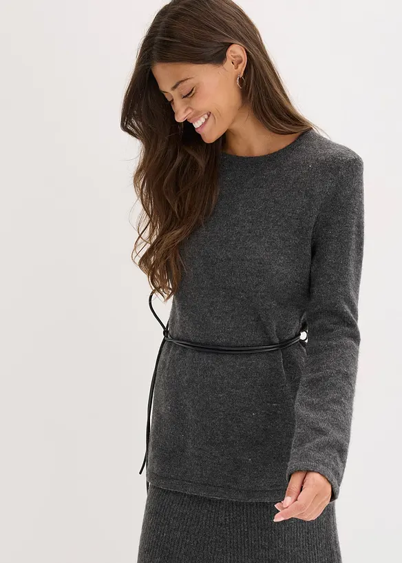 Maglia con percentuale di lana e cinturina in similpelle, bonprix