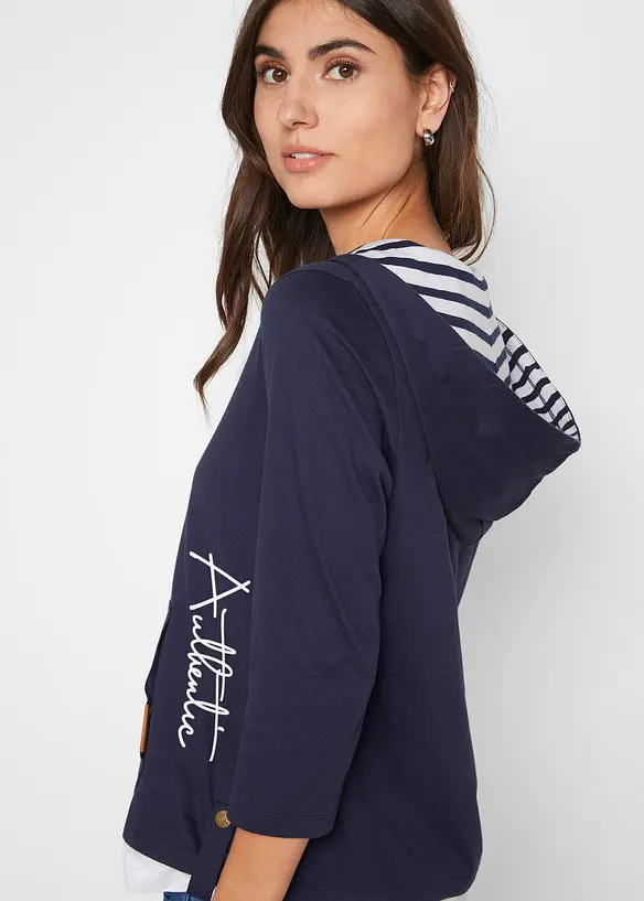 Maglia con cappuccio e maniche a 3/4 in puro cotone, bonprix