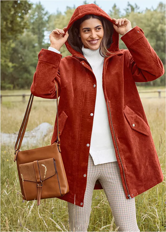 Parka svasato in velluto con fodera in pile teddy e cappuccio, bonprix