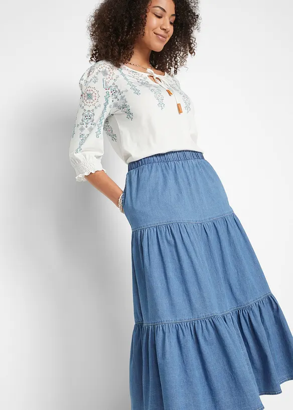 Gonna di jeans midi a balze, bonprix