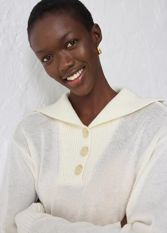 Maglione in lana merino a collo ampio con bottoni, bonprix