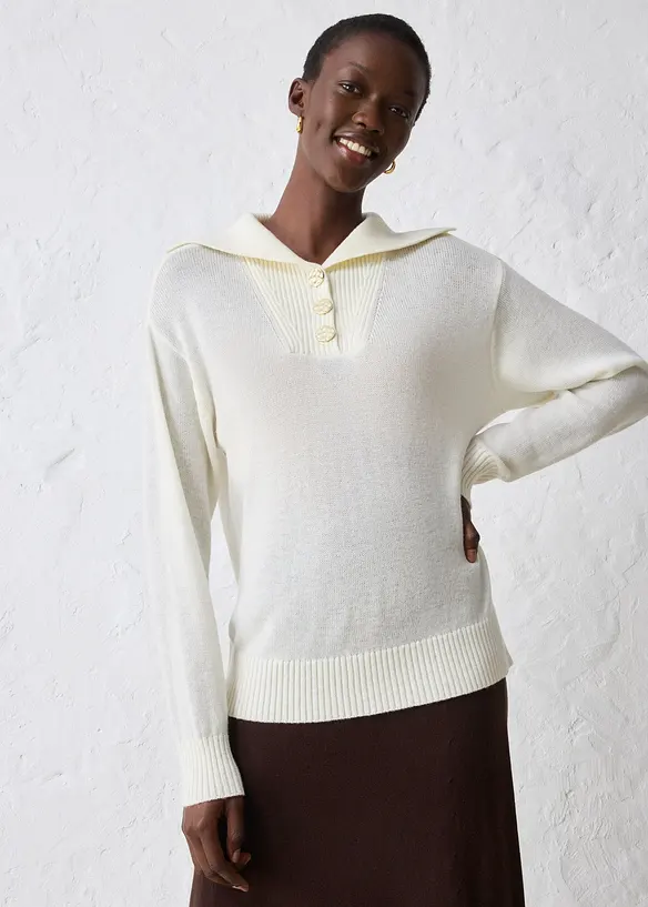 Maglione in lana merino a collo ampio con bottoni, bonprix