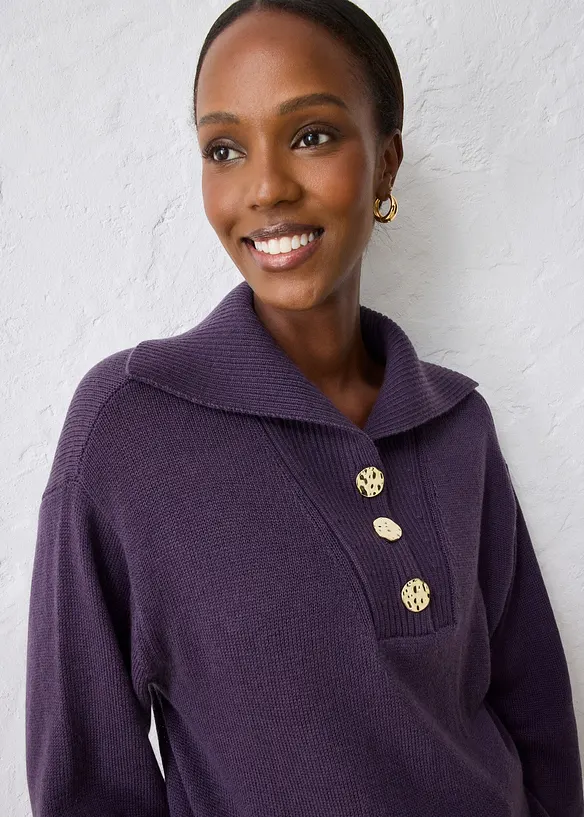 Maglione in lana merino a collo ampio con bottoni, bonprix