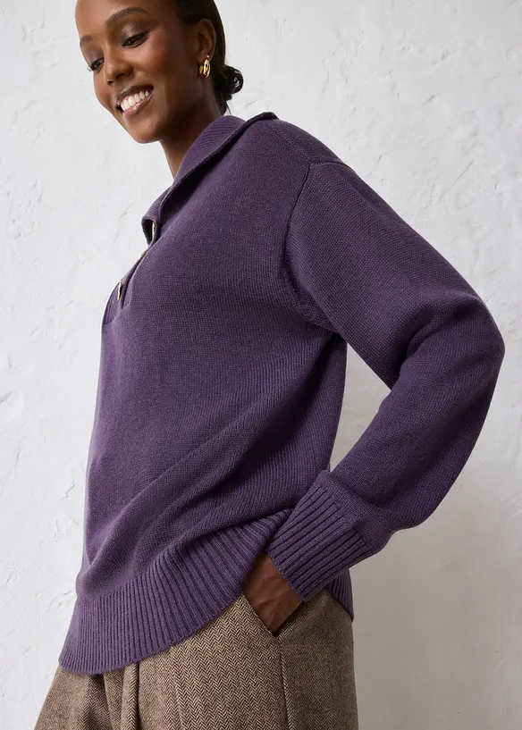 Maglione in lana merino a collo ampio con bottoni, bonprix