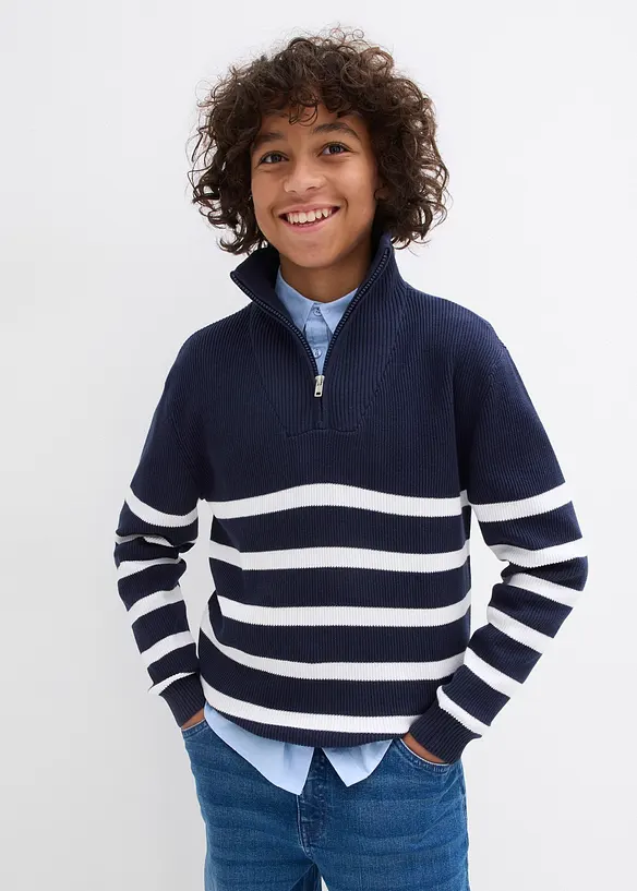 Maglione con mezza zip in filato fine di puro cotone, bonprix