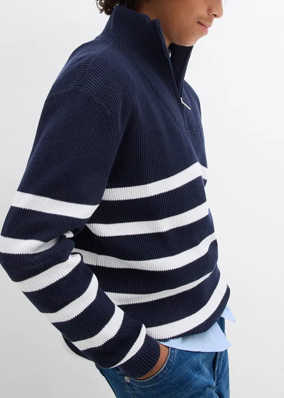 Maglione con mezza zip in filato fine di puro cotone, bonprix
