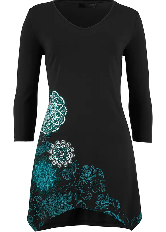 Maglia lunga con fondo asimmetrico, scollo a V e maniche a 3/4, bonprix
