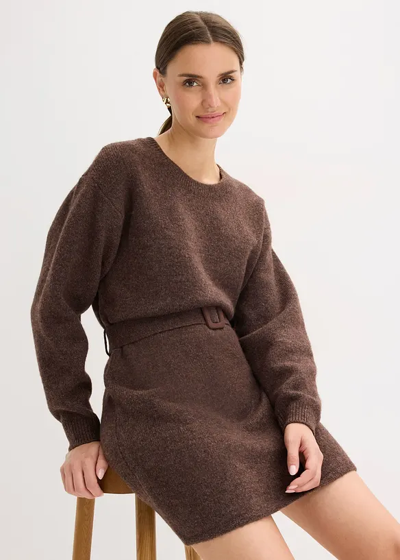 Miniabito in maglia con morbida lana e cintura, bonprix