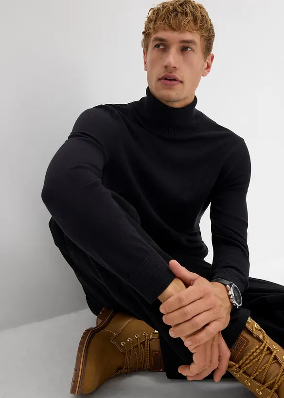 Maglione a collo alto in filato fine con lana merino, slim fit, bonprix
