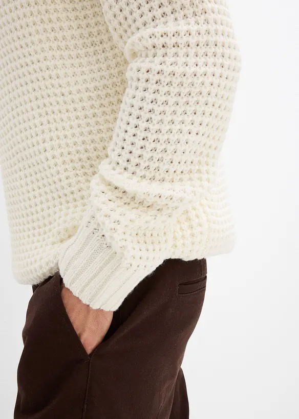 Maglione in filato grosso con zip e applicazioni in tessuto, bonprix