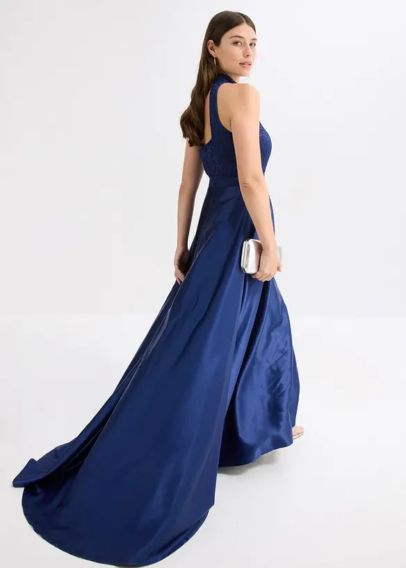Abito lungo in satin lucido con pizzo, bonprix
