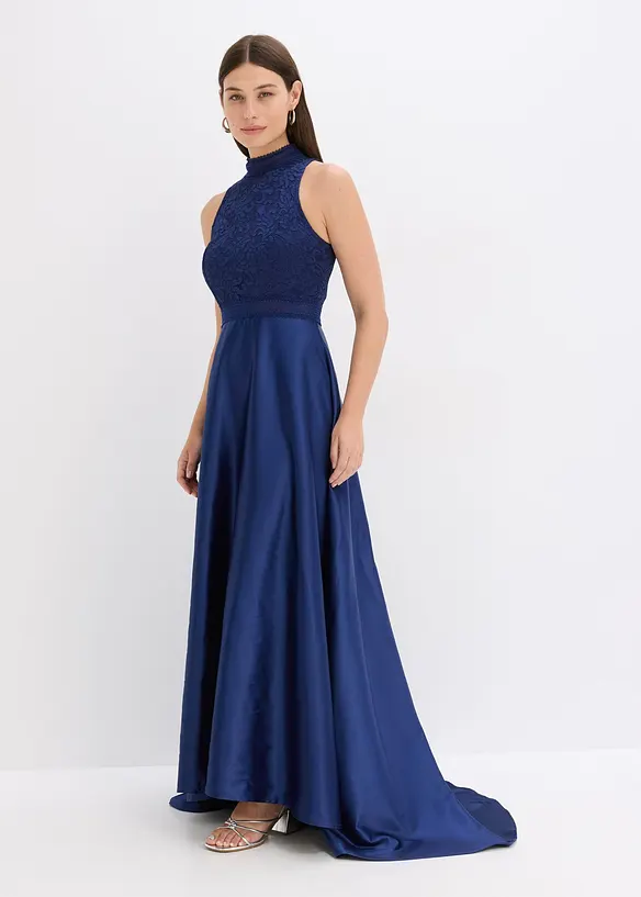 Abito lungo in satin lucido con pizzo, bonprix