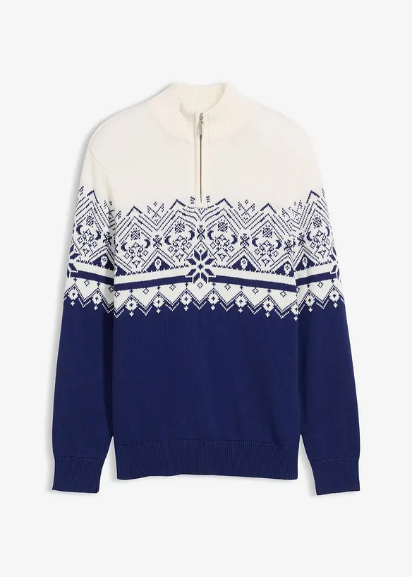 Maglione norvegese con mezza zip in puro cotone, bonprix