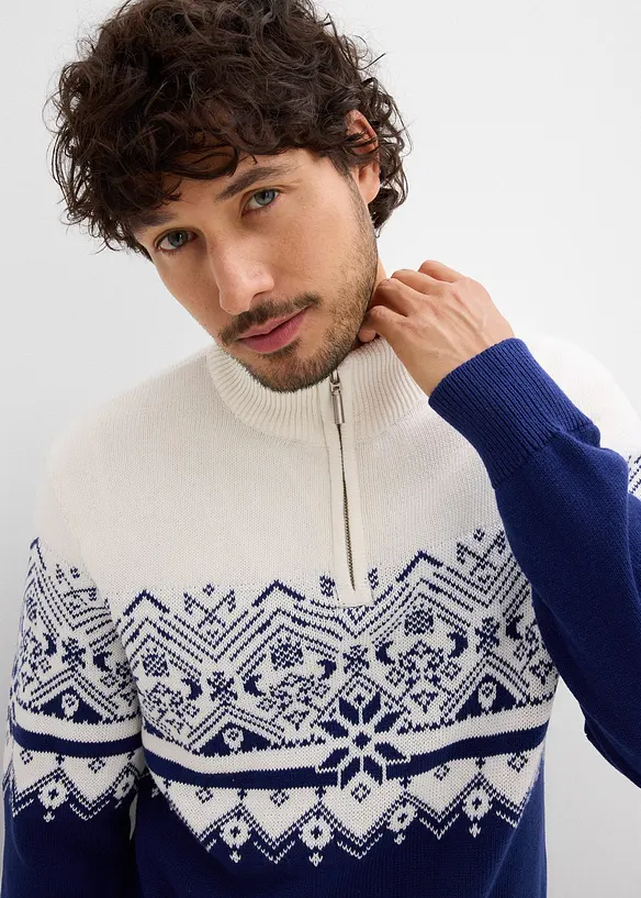 Maglione norvegese con mezza zip in puro cotone, bonprix