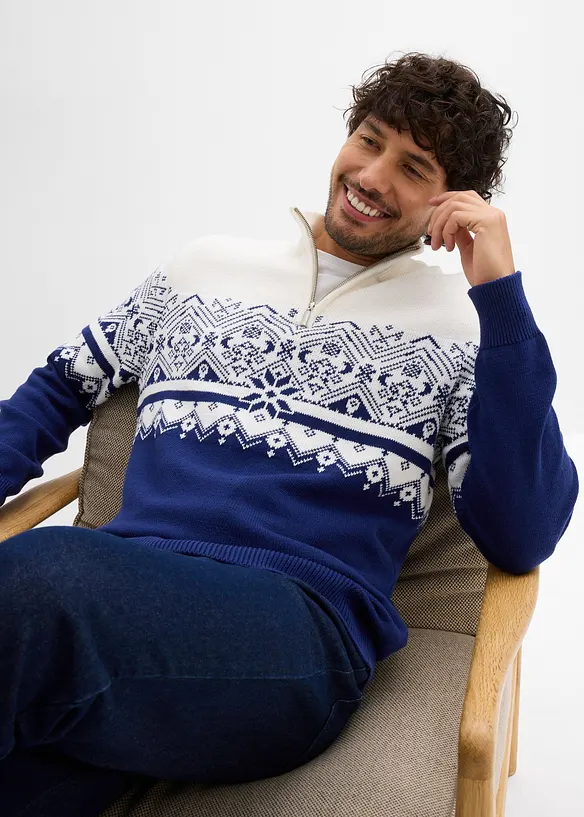 Maglione norvegese con mezza zip in puro cotone, bonprix
