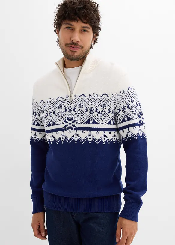 Maglione norvegese con mezza zip in puro cotone, bonprix