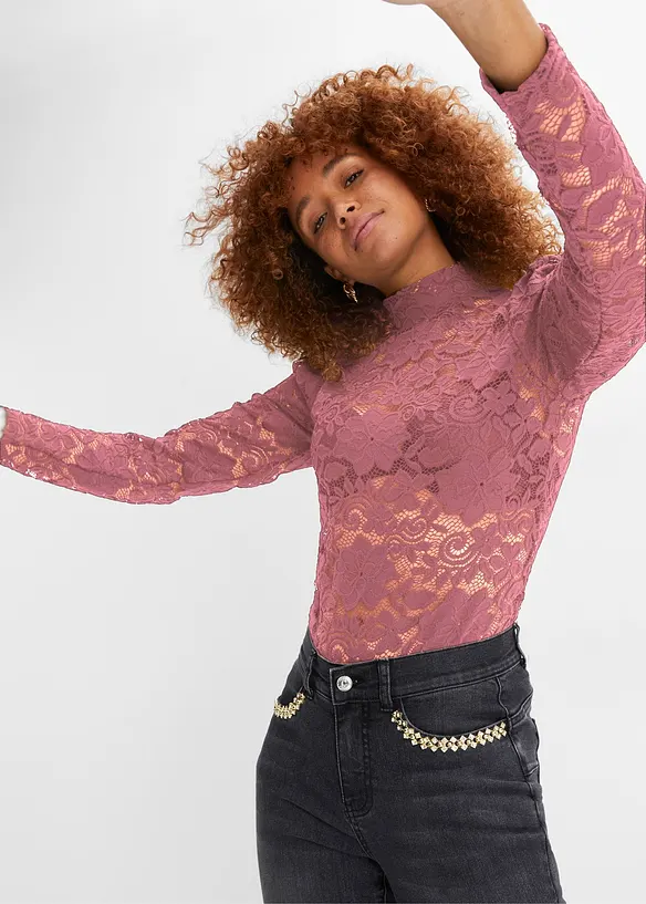 Maglia aderente in pizzo a maniche lunghe, bonprix