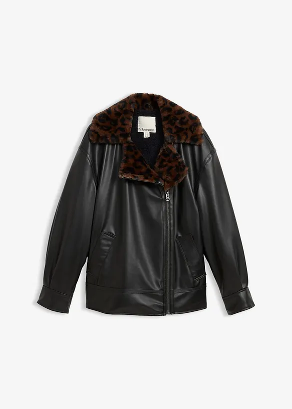 Giacca in similpelle con pelliccia sintetica leopardata, bonprix