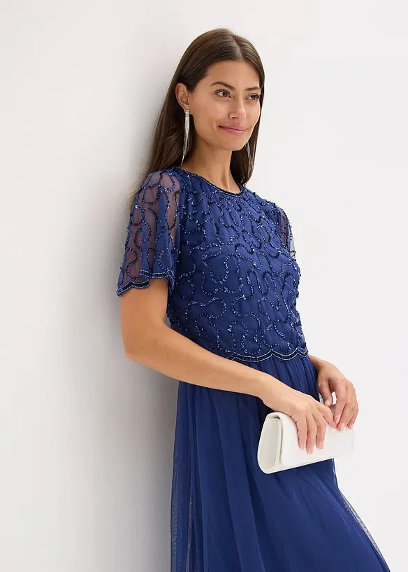 Abito lungo in fine tulle con ricamo e paillettes, bonprix