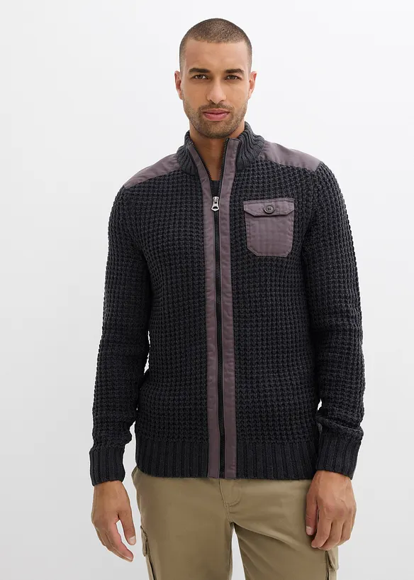 Cardigan in filato grosso con inserti di tessuto, bonprix